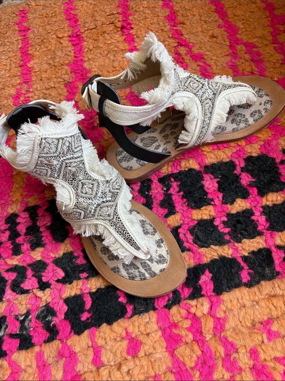 Meher Kakalia Boho Fringe Embroidered T-Strap Sandals - White